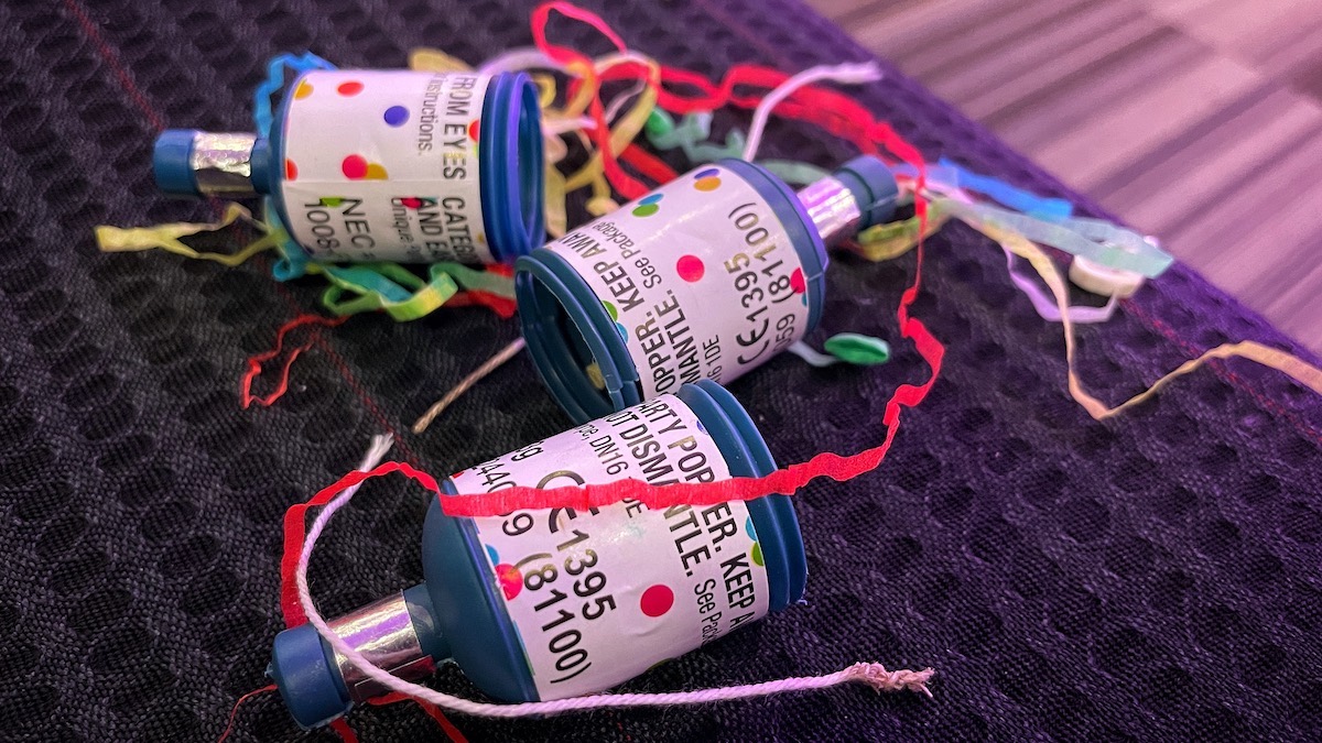Party poppers let off during Jhey Thompkins talk at ModernFrontends 2022
