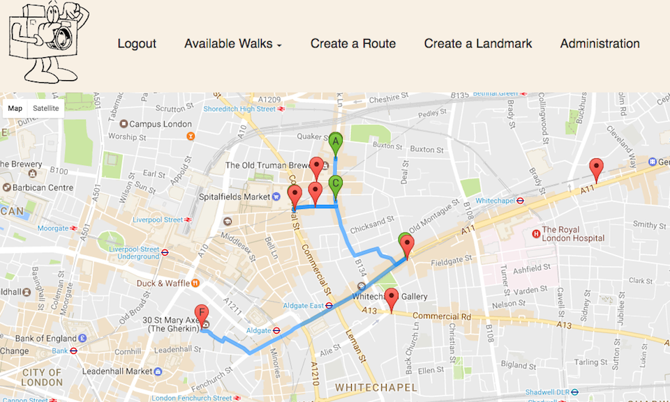 Photo-Walk map showing routes between landmarks